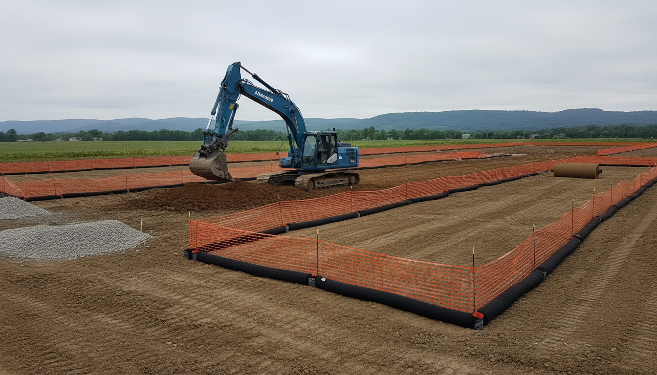 A modern hydraulic excavator with a sleek, steel blue cab and articulated arm, its bucket poised mid-dig in freshly turned, deep brown earth. The machine sits on a level construction site bordered by neat orange silt fencing and rolls of black silt socks arranged with precision, ensuring environmental control. The site features well-defined lines, gravel staging areas, and freshly compacted soil, with a background of gently sloping hills under an overcast sky. Soft, diffused daylight blankets the scene, reducing harsh shadows and creating balanced highlights across the metal surfaces. The mood is calm and organized, emphasizing professionalism and attention to detail. Shot from a slightly elevated angle for a broad, structured composition, the photograph highlights clean lines and the discipline of site management, making it ideal for a corporate website aesthetic.