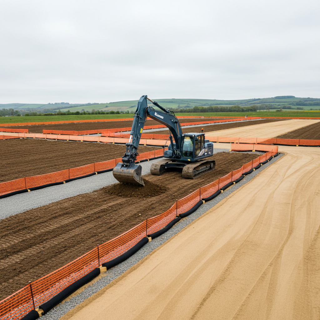 A modern hydraulic excavator with a sleek, steel blue cab and articulated arm, its bucket poised mid-dig in freshly turned, deep brown earth. The machine sits on a level construction site bordered by neat orange silt fencing and rolls of black silt socks arranged with precision, ensuring environmental control. The site features well-defined lines, gravel staging areas, and freshly compacted soil, with a background of gently sloping hills under an overcast sky. Soft, diffused daylight blankets the scene, reducing harsh shadows and creating balanced highlights across the metal surfaces. The mood is calm and organized, emphasizing professionalism and attention to detail. Shot from a slightly elevated angle for a broad, structured composition, the photograph highlights clean lines and the discipline of site management, making it ideal for a corporate website aesthetic.