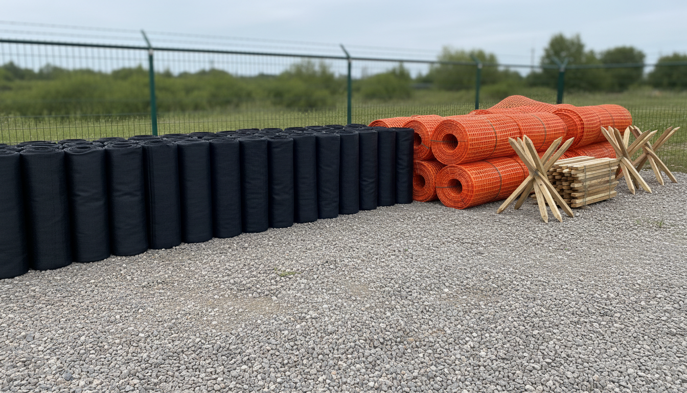 An organized staging area for erosion control supplies, with neatly arranged rolls of black silt sock, bright orange silt fencing coiled with care, and stacks of wooden stakes on a compacted gravel lot. Each texture—from the woven fabric of the fencing to the granular detail of the gravel—is sharply rendered. The environment is a tidy outdoor supply yard framed by simple wire fencing and softly blurred greenery in the distance. Subtle midday sunlight filters through a thin layer of clouds, creating even, neutral illumination with understated highlights and almost shadowless surfaces. The overall effect is structured, clean, and business-like, shot from a slightly elevated, wide composition to emphasize orderly layout and readiness for deployment in environmental control projects.