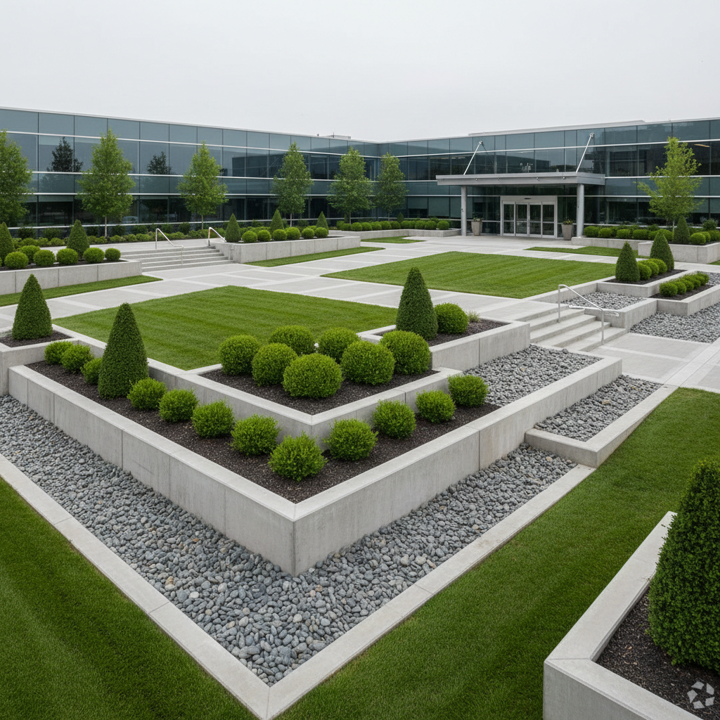 A meticulously landscaped commercial property entrance, featuring structured terraced retaining walls built from smooth gray concrete, accented by river rock and geometric clusters of evergreen shrubs. Clean concrete walkways intersect the lawn’s crisp edges, illustrating a sense of order and intentional design. The setting is illuminated by even, natural daylight on a mild, lightly overcast day, minimizing glare and casting gentle, soft shadows. The atmosphere is composed and inviting, emphasizing both functionality and curb appeal. Photographed from an eye-level perspective with a wide-angle lens, the image maintains a sharp focus throughout, showcasing the clarity and balance of the landscape architecture in a highly professional, photographic realism style.