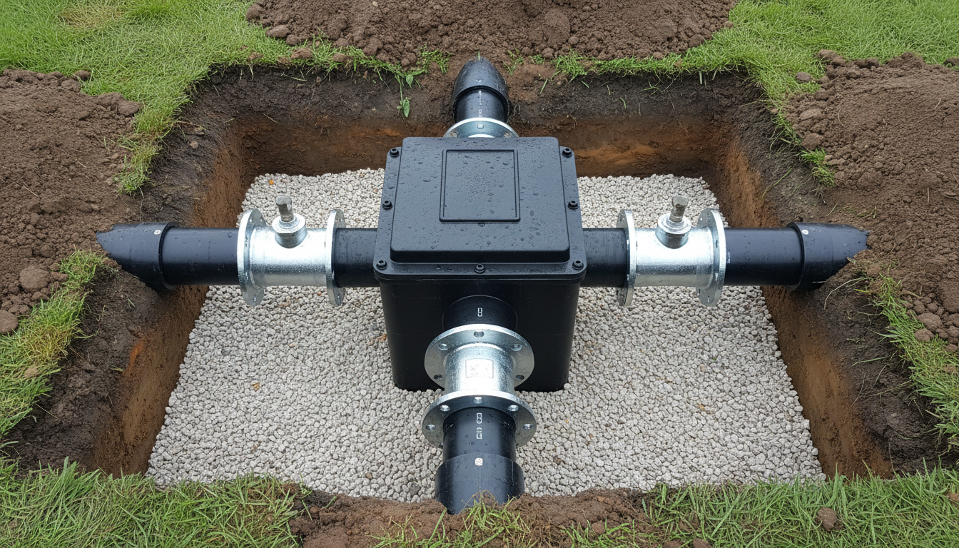 A robust, freshly installed water distribution valve box with matte black piping and bright galvanized connectors emerges from compact soil in a clearly defined trench lined with clean aggregate. The immediate setting shows carefully tamped earth, with a subtle division between undisturbed ground and the new installation. Natural light on an overcast afternoon gives the image a soft, uniform brightness, accentuating metallic finishes and creating diffuse shadows that enhance clean lines. The composition is captured from above, directly framing the valve box and pipe details in crisp, minimalist focus. The mood is purposeful and technical—projecting expertise and precision suited to a professional excavation and landscape services site.