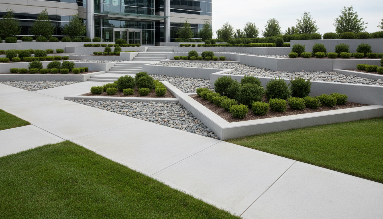 A meticulously landscaped commercial property entrance, featuring structured terraced retaining walls built from smooth gray concrete, accented by river rock and geometric clusters of evergreen shrubs. Clean concrete walkways intersect the lawn’s crisp edges, illustrating a sense of order and intentional design. The setting is illuminated by even, natural daylight on a mild, lightly overcast day, minimizing glare and casting gentle, soft shadows. The atmosphere is composed and inviting, emphasizing both functionality and curb appeal. Photographed from an eye-level perspective with a wide-angle lens, the image maintains a sharp focus throughout, showcasing the clarity and balance of the landscape architecture in a highly professional, photographic realism style.