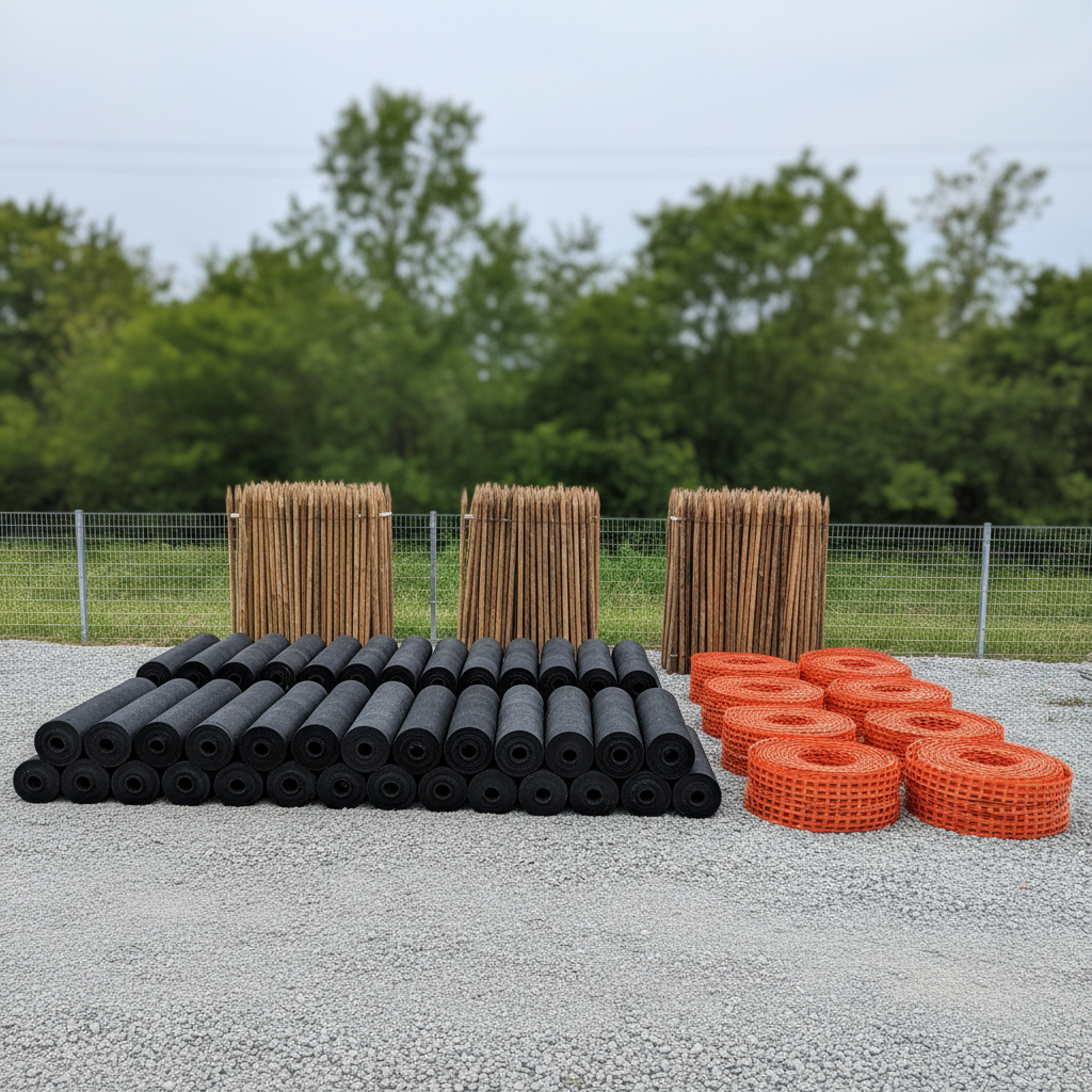An organized staging area for erosion control supplies, with neatly arranged rolls of black silt sock, bright orange silt fencing coiled with care, and stacks of wooden stakes on a compacted gravel lot. Each texture—from the woven fabric of the fencing to the granular detail of the gravel—is sharply rendered. The environment is a tidy outdoor supply yard framed by simple wire fencing and softly blurred greenery in the distance. Subtle midday sunlight filters through a thin layer of clouds, creating even, neutral illumination with understated highlights and almost shadowless surfaces. The overall effect is structured, clean, and business-like, shot from a slightly elevated, wide composition to emphasize orderly layout and readiness for deployment in environmental control projects.